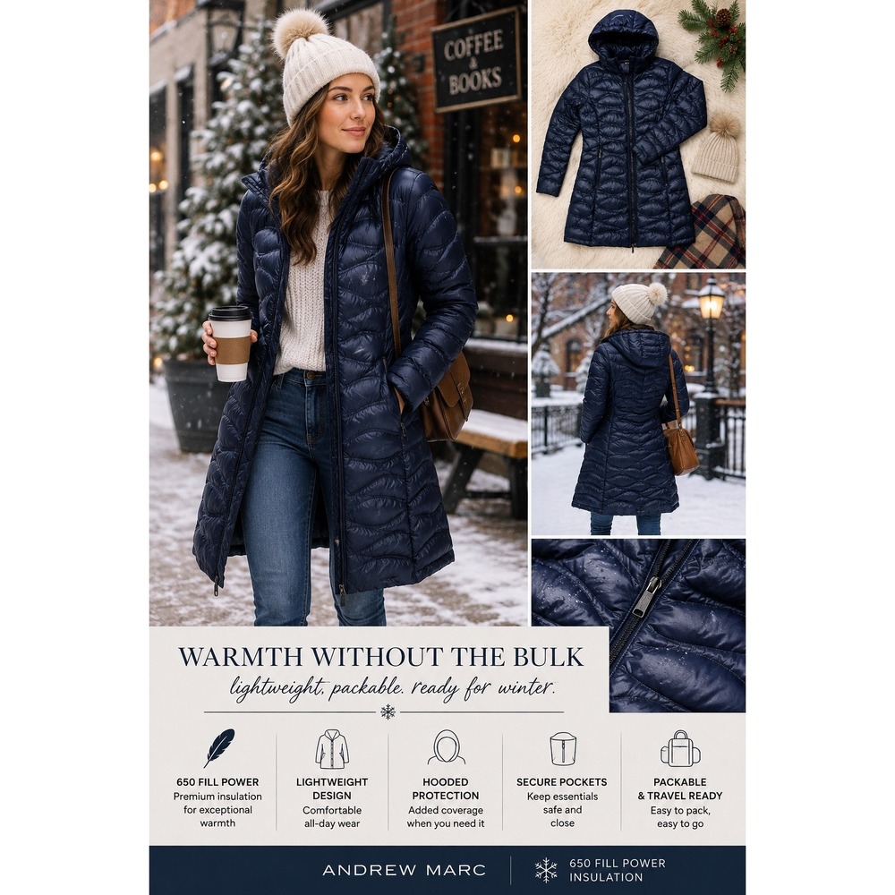 Andrew Marc Women Hood Puffer Down Coat XS 650 Fill Power Packable Lightweight